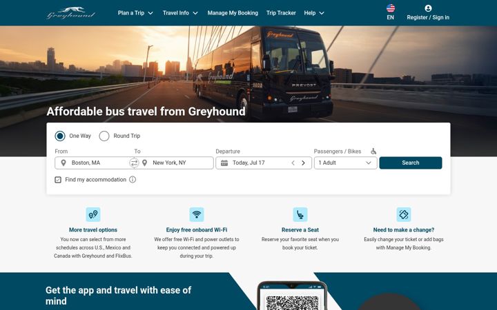 Kuvakaappaus sivustosta greyhound.com