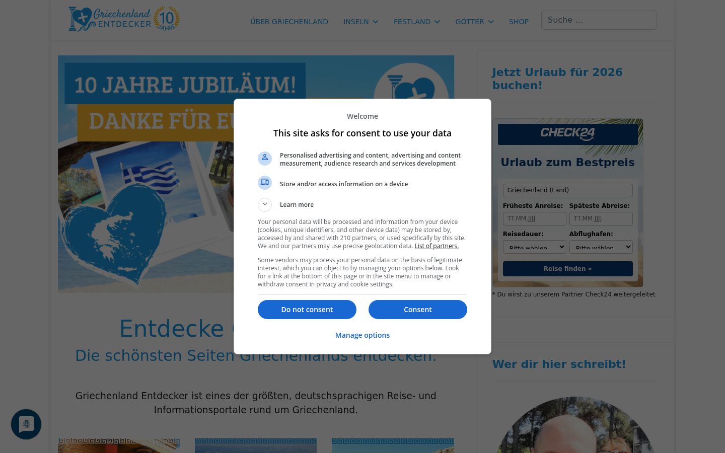 Ekrānuzņēmums ar piekrišanas baneri, kas tika rādīts pirms jebkādas mijiedarbības