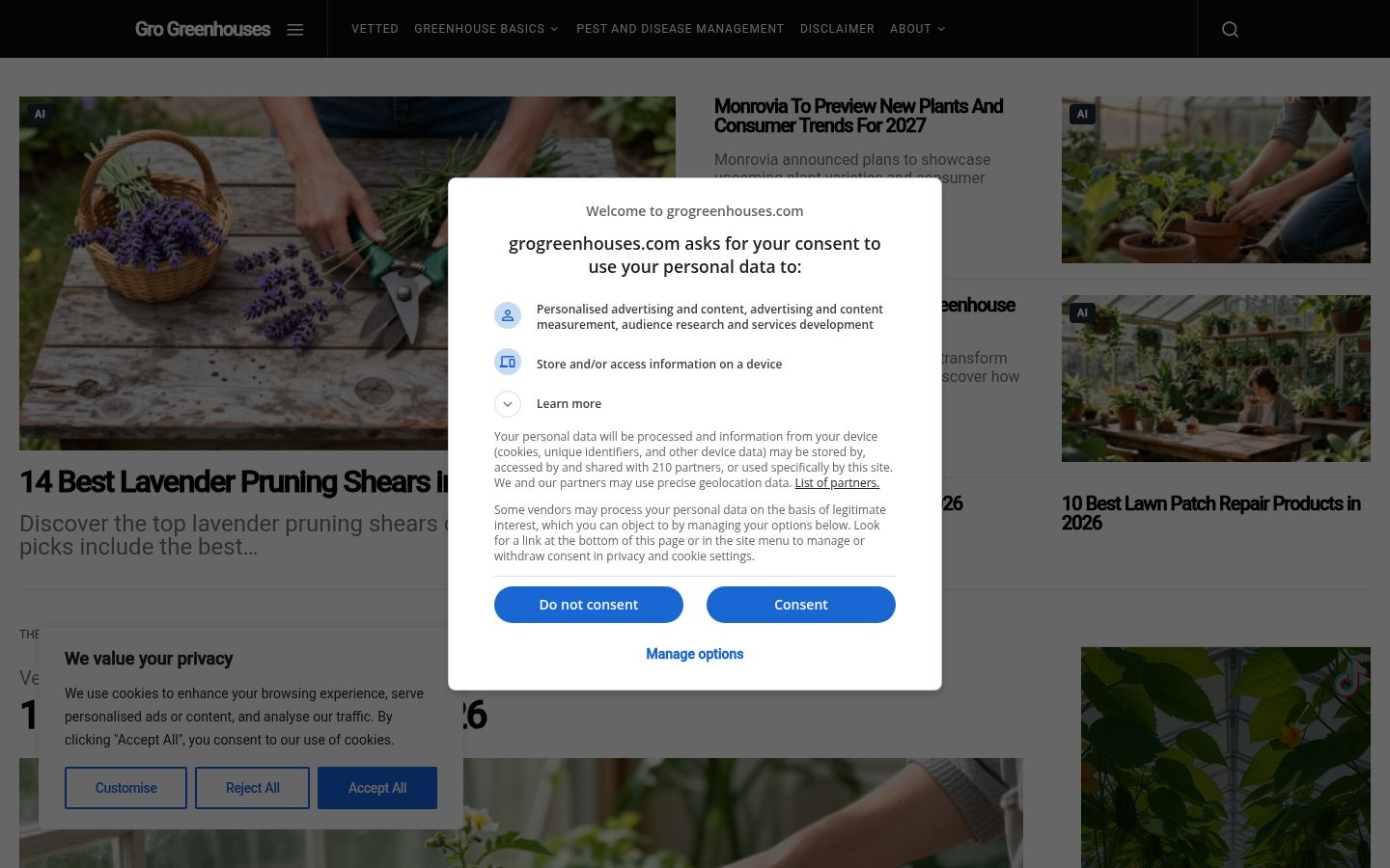Screenshot del banner di consenso mostrato prima di qualsiasi interazione