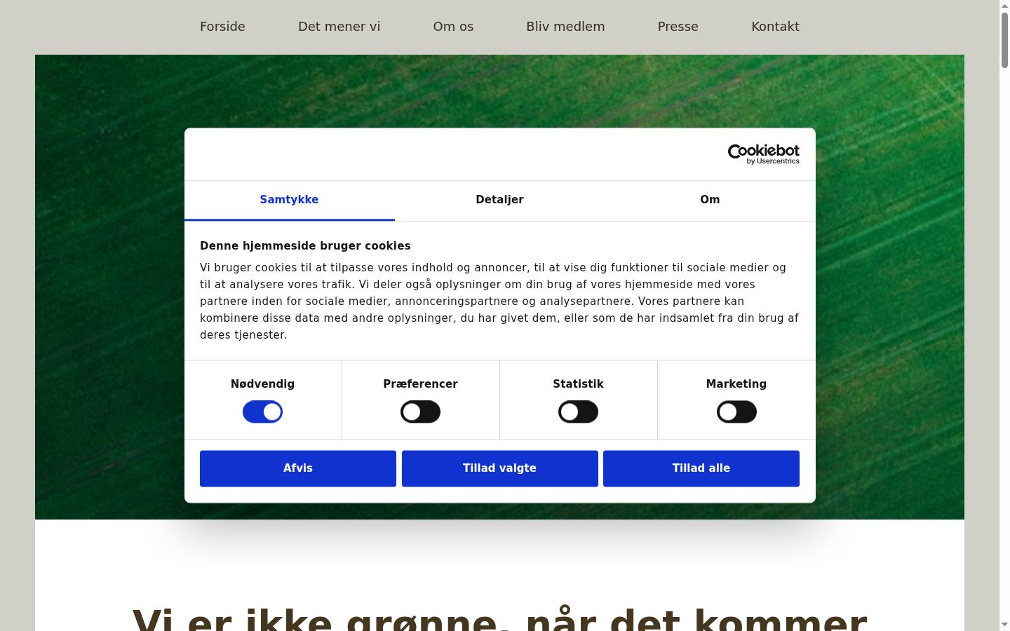 Skærmbillede af samtykkebanneret, som det blev vist før nogen interaktion