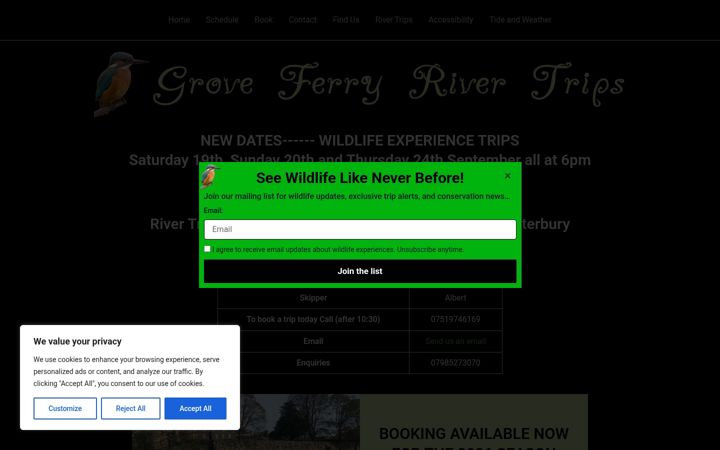 Screenshot of groveferryrivertrips.co.uk