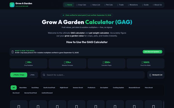 Screenshot of growagardencalcs.com