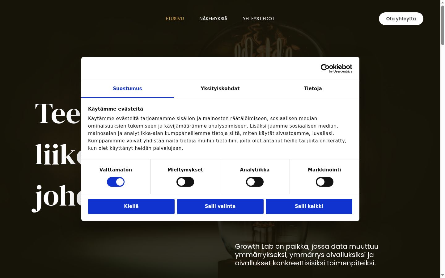 Skärmbild av samtyckesbannern som visades före någon interaktion