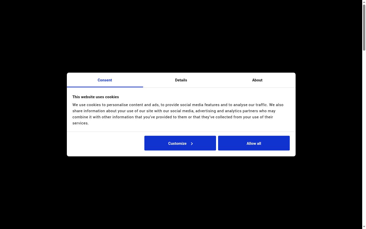 Sutikimo reklamjuostės, rodytos prieš bet kokią sąveiką, ekrano kopija