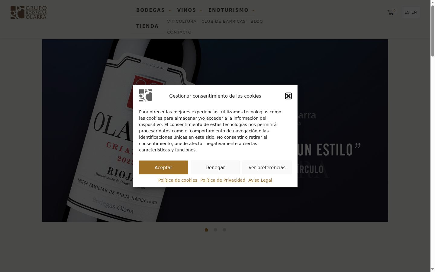 Captura de pantalla del banner de consentimiento mostrado antes de cualquier interacción