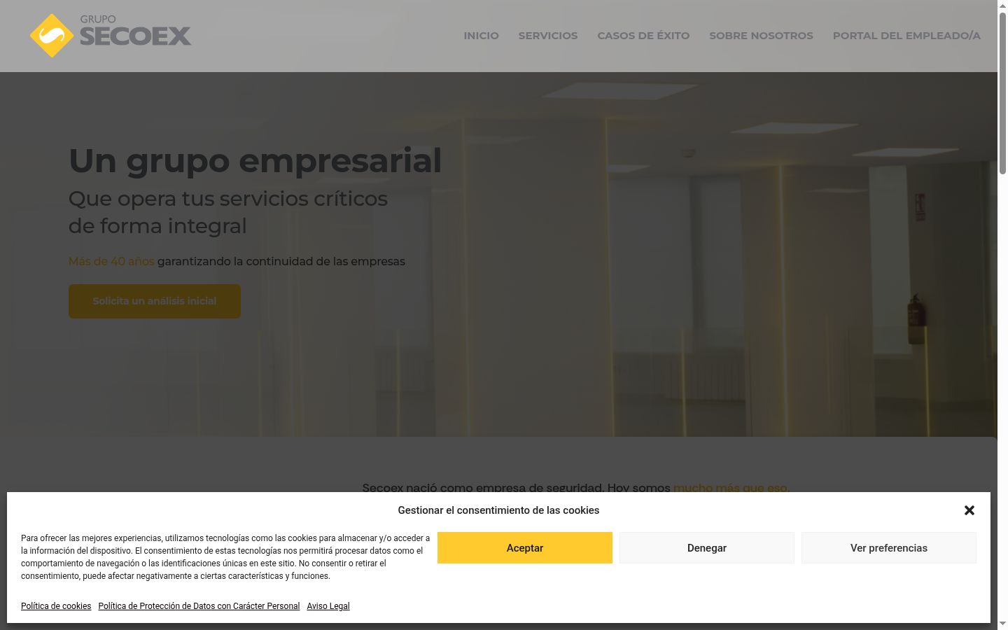 Captura de pantalla del banner de consentimiento mostrado antes de cualquier interacción