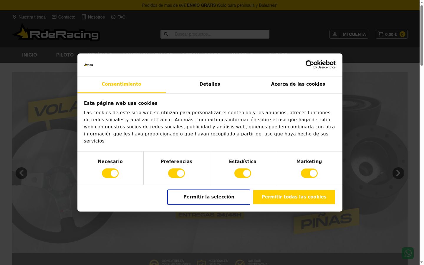 Captura de pantalla del banner de consentimiento mostrado antes de cualquier interacción