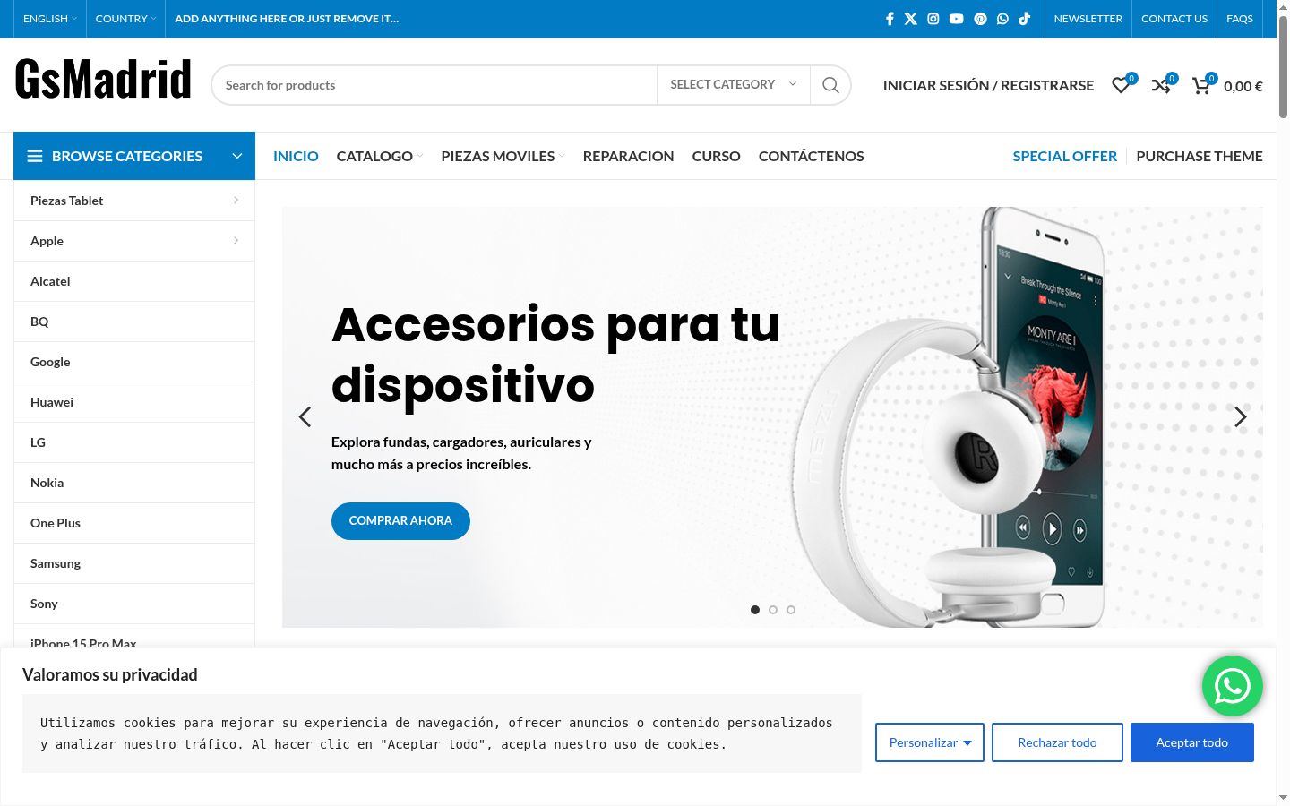 Captura de pantalla del banner de consentimiento mostrado antes de cualquier interacción