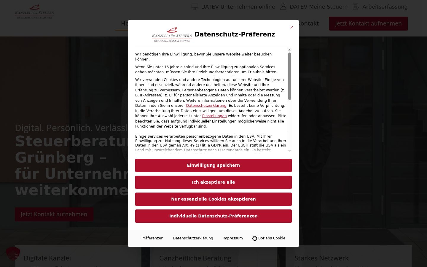 Screenshot des Einwilligungsbanners vor jeglicher Interaktion