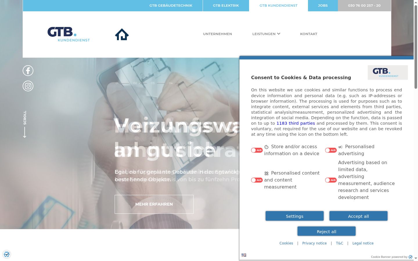 Screenshot del banner di consenso mostrato prima di qualsiasi interazione