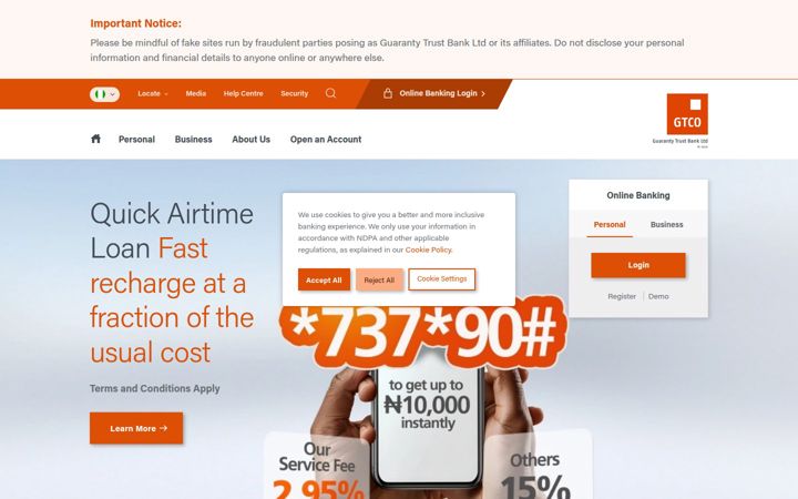 Posnetek zaslona gtbank.com