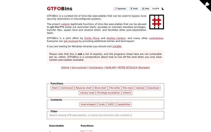 Screenshot of gtfobins.org