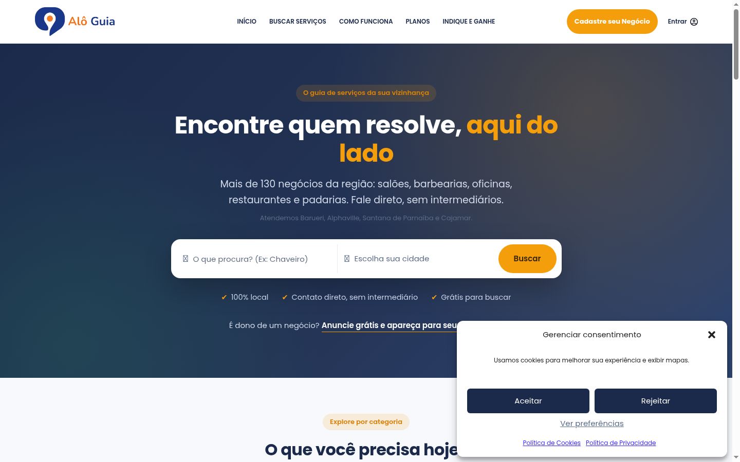 Captura de ecrã do banner de consentimento apresentado antes de qualquer interação