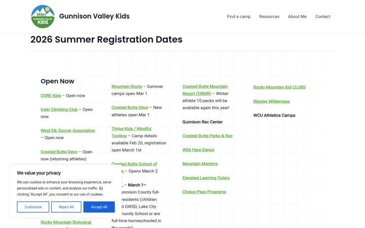 Screenshot of gunnisonvalleykids.com