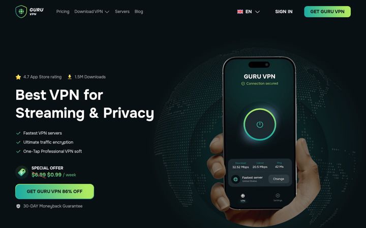 Screenshot of guruvpn.com