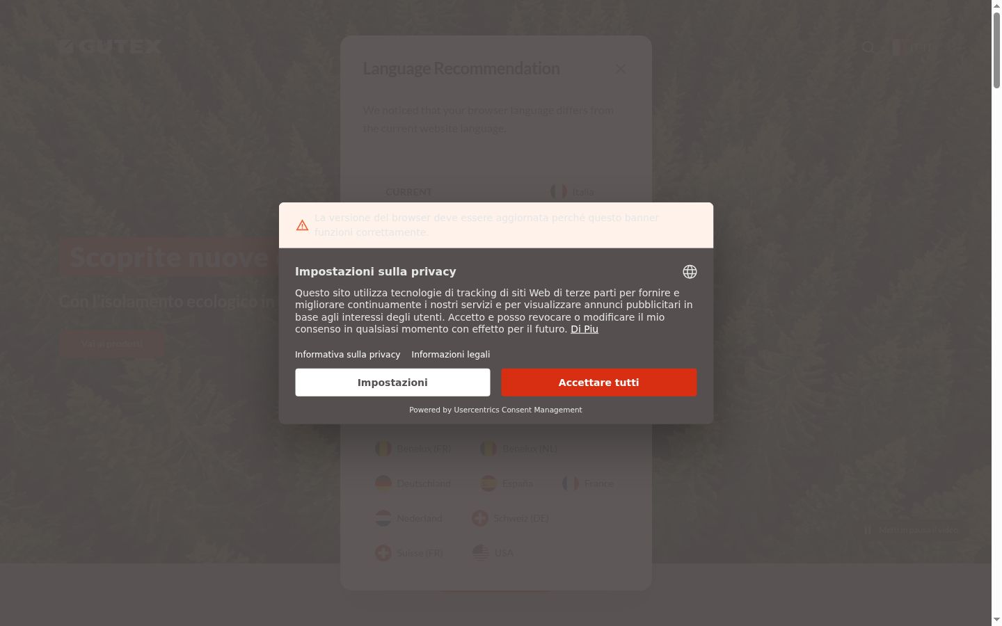 Captura de ecrã do banner de consentimento apresentado antes de qualquer interação