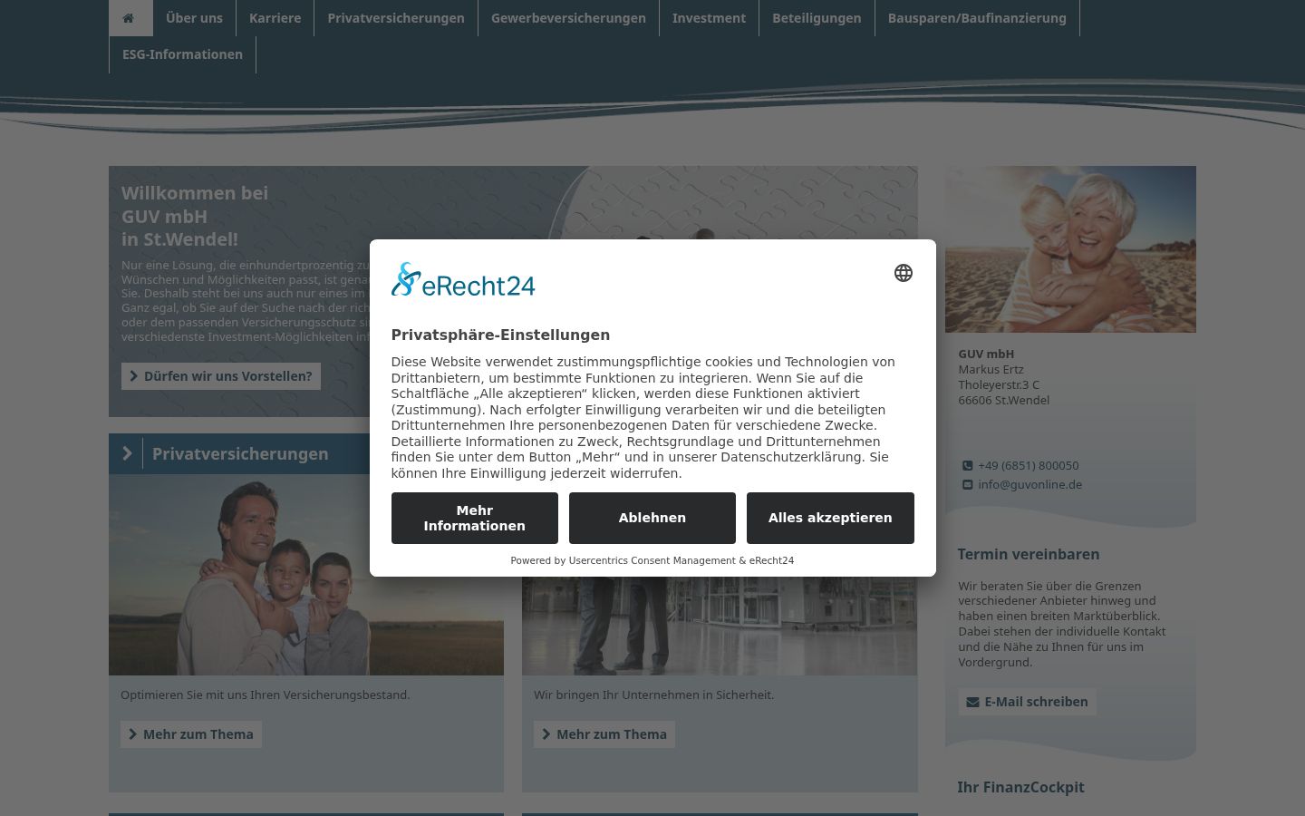 Screenshot des Einwilligungsbanners vor jeglicher Interaktion