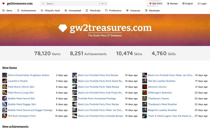 Kuvakaappaus sivustosta gw2treasures.com