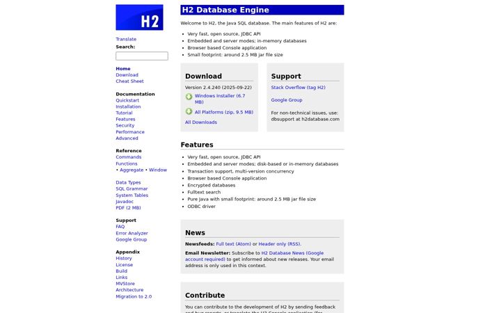 Snímek obrazovky h2database.com
