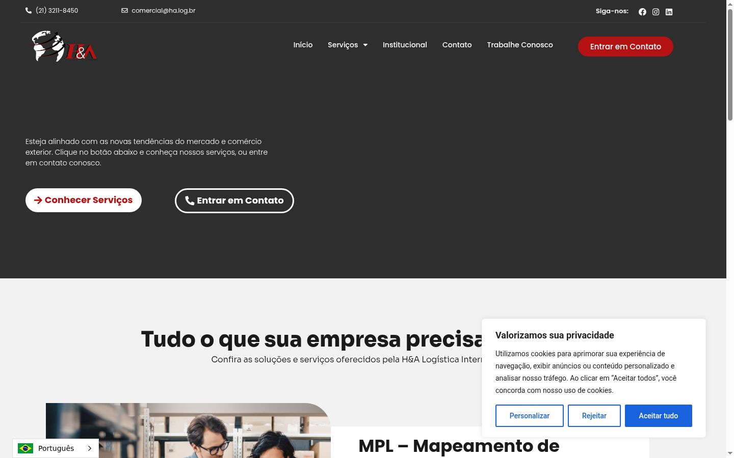 Captura de ecrã do banner de consentimento apresentado antes de qualquer interação