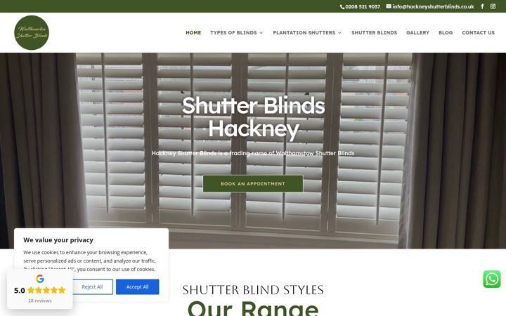 Screenshot of hackneyshutterblinds.co.uk