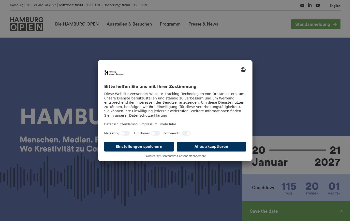 Screenshot des Einwilligungsbanners vor jeglicher Interaktion