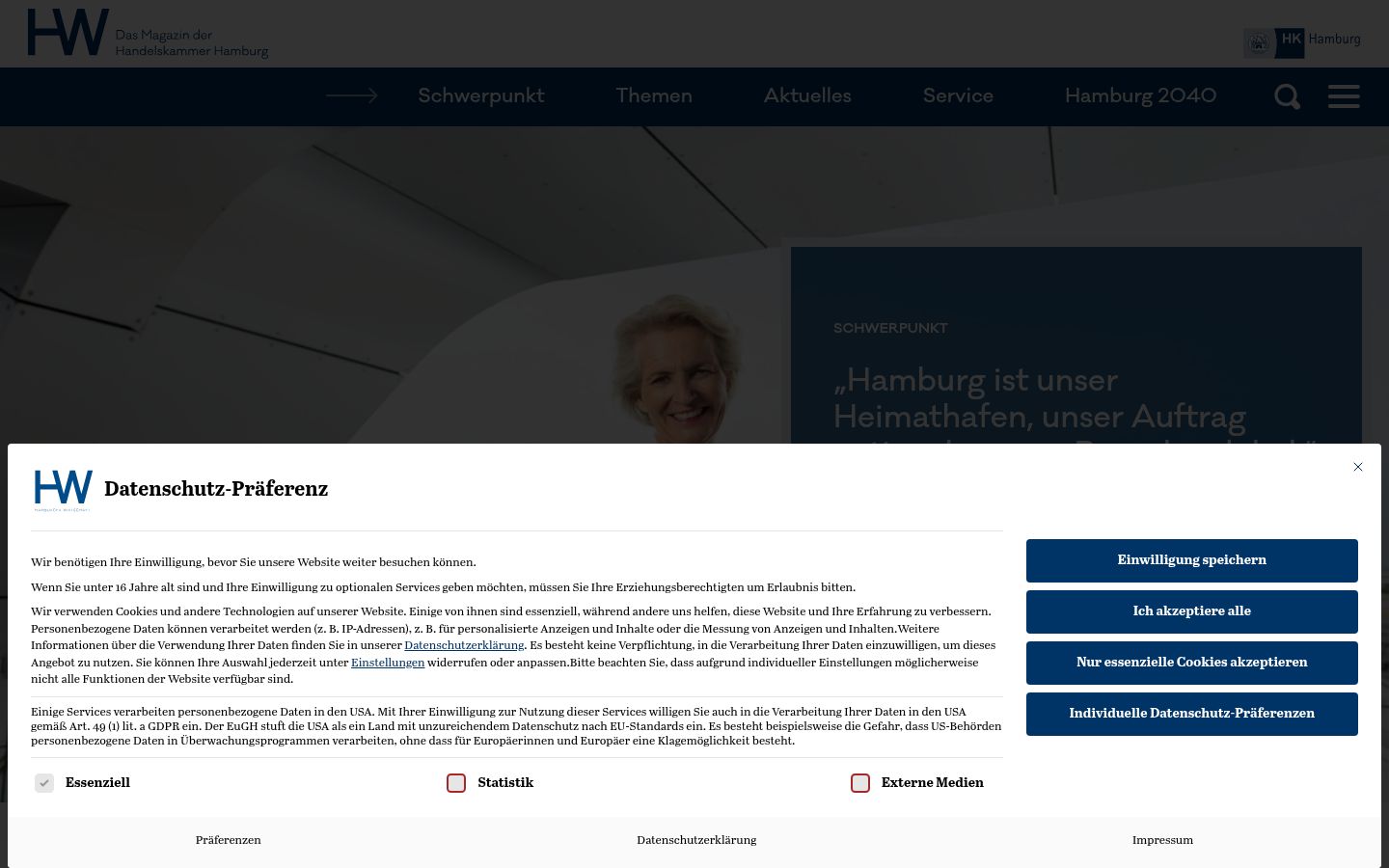 Screenshot des Einwilligungsbanners vor jeglicher Interaktion