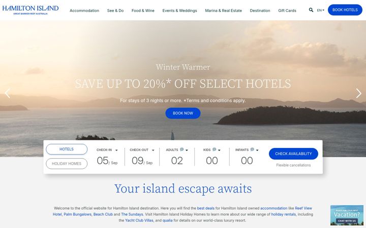 Skärmbild av hamiltonisland.com.au