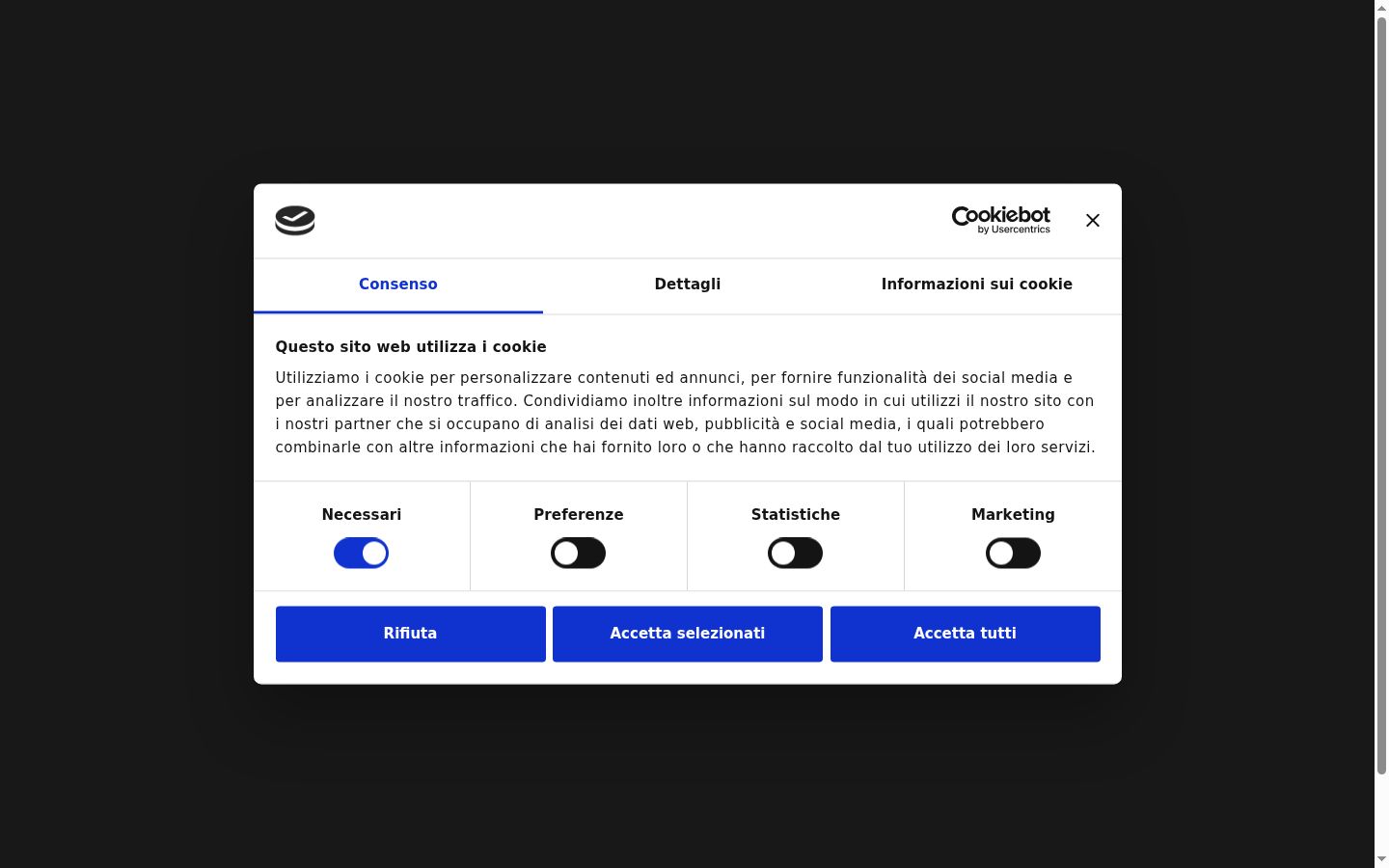 Posnetek zaslona pasice za privolitev, prikazane pred kakršno koli interakcijo