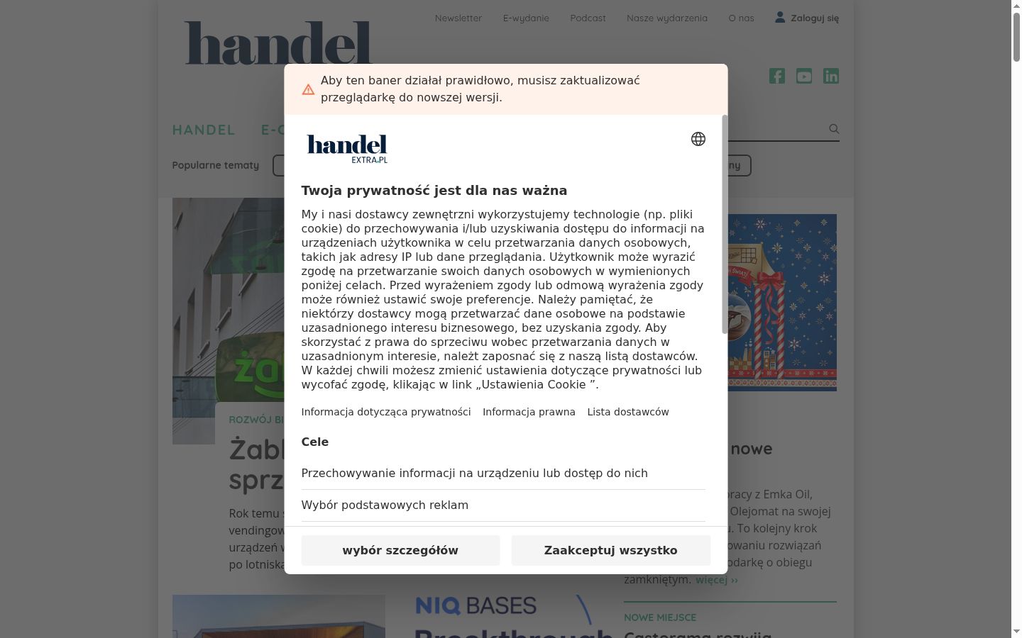Ekrānuzņēmums ar piekrišanas baneri, kas tika rādīts pirms jebkādas mijiedarbības