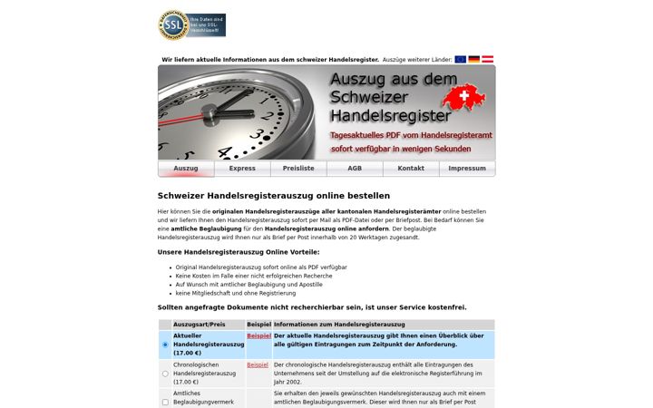 Screenshot of handelsregister-auszug.ch