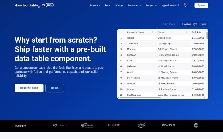 Screenshot of handsontable.com