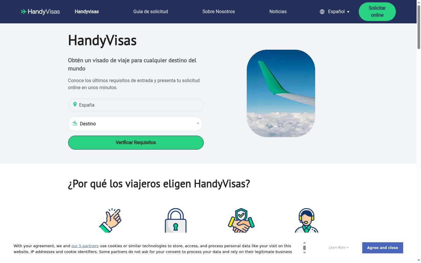 Captura de pantalla del banner de consentimiento mostrado antes de cualquier interacción