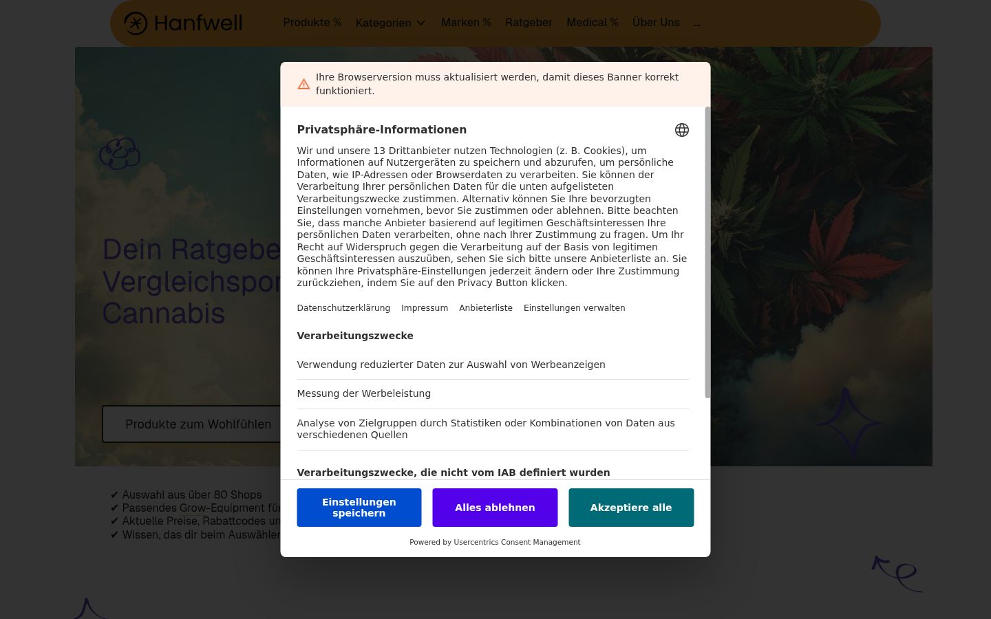 Screenshot del banner di consenso mostrato prima di qualsiasi interazione