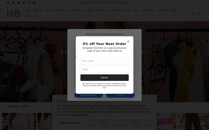 Screenshot of hannabannaclothing.com