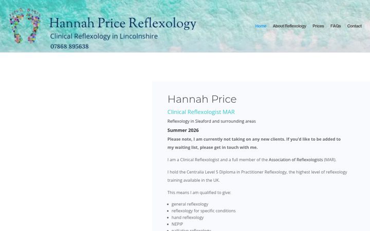 Screenshot of hannahpricereflexology.com