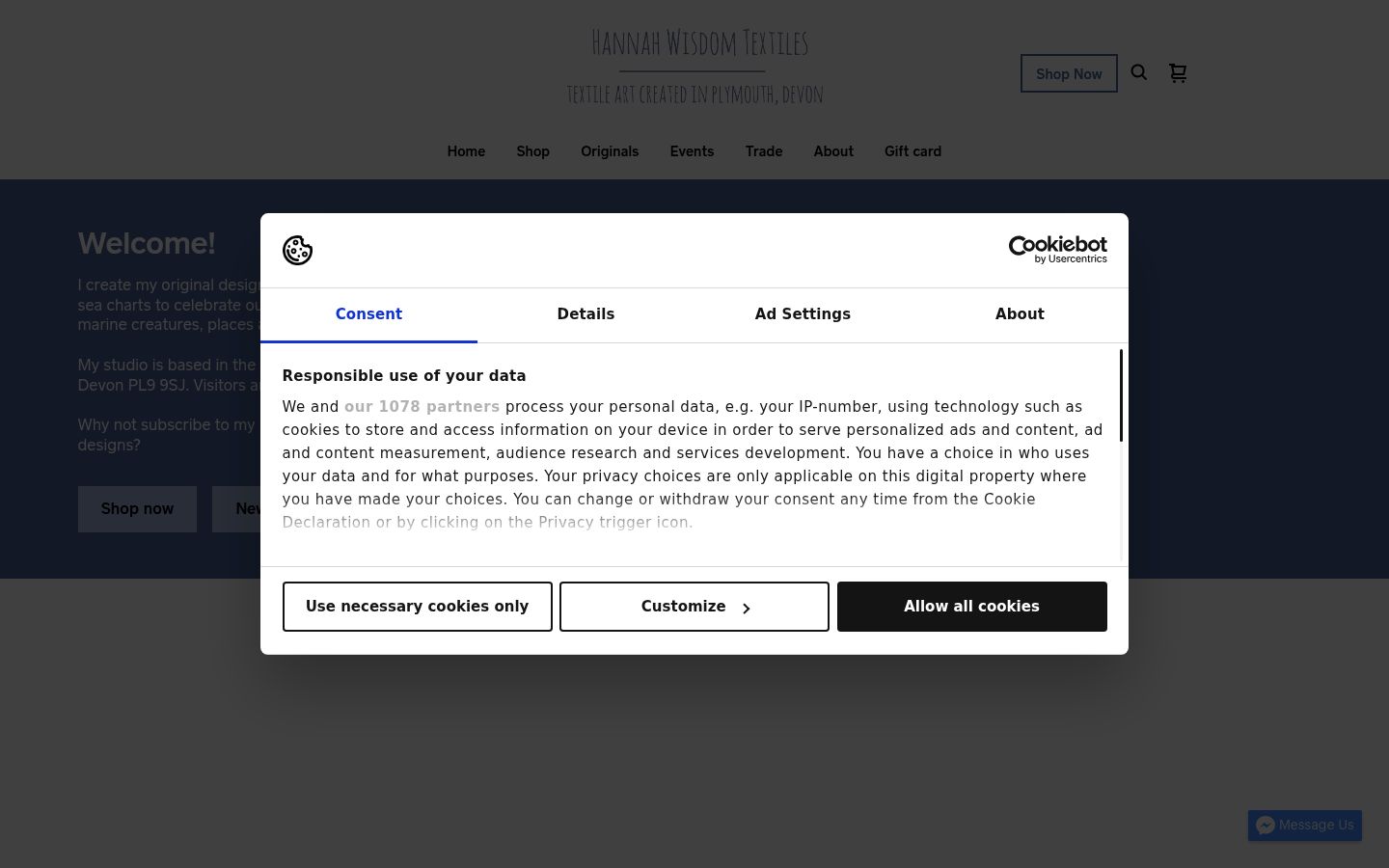 Captura de ecrã do banner de consentimento apresentado antes de qualquer interação