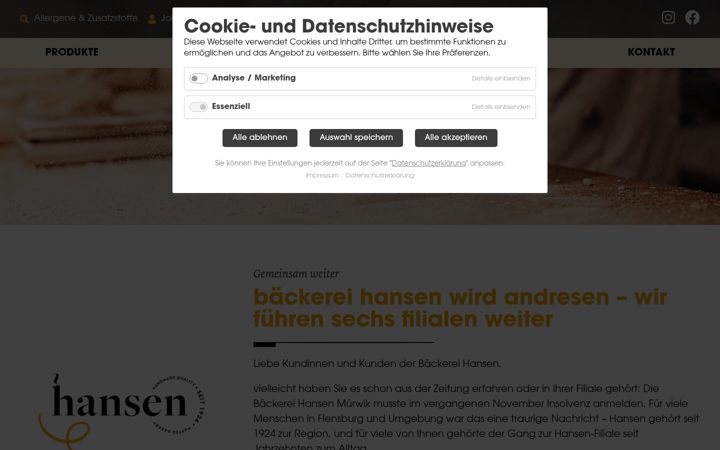 Screenshot of hansenbaeckerei.com