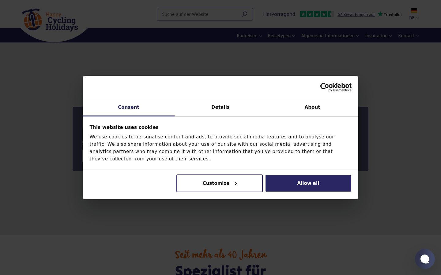 Skærmbillede af samtykkebanneret, som det blev vist før nogen interaktion