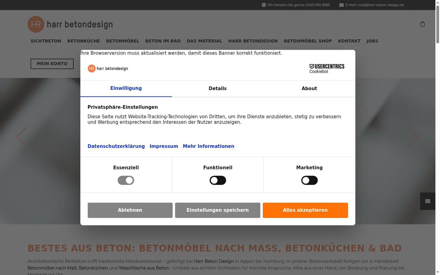 Screenshot des Einwilligungsbanners vor jeglicher Interaktion