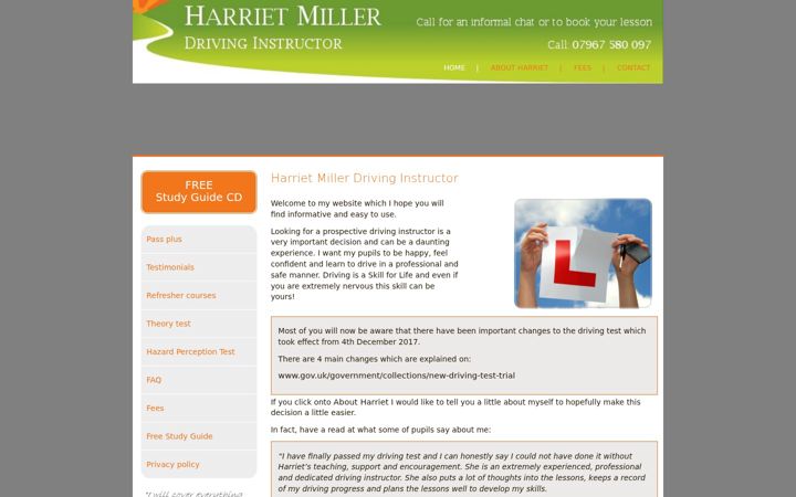 Screenshot of harrietmillerdrivinginstructor.co.uk