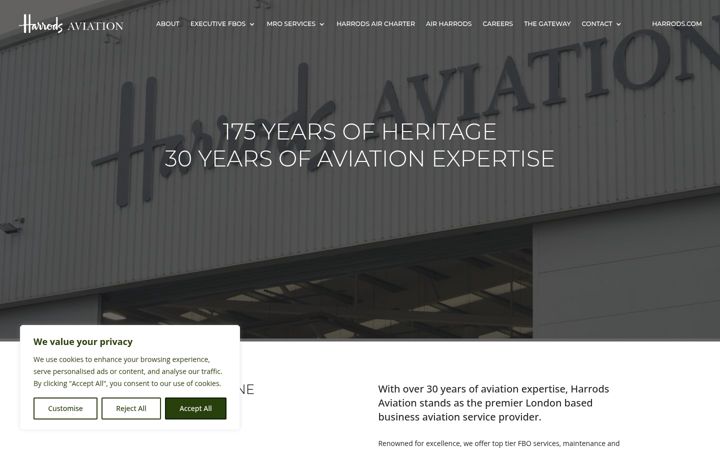 Screenshot of harrodsaviation.com