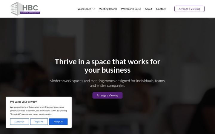 Screenshot of harrowbusinesscentre.com