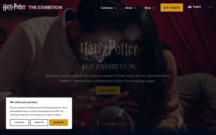 Captura de pantalla de harrypotterexhibition.com