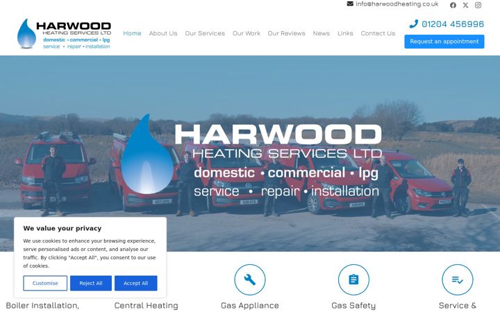 Screenshot of harwoodheating.co.uk