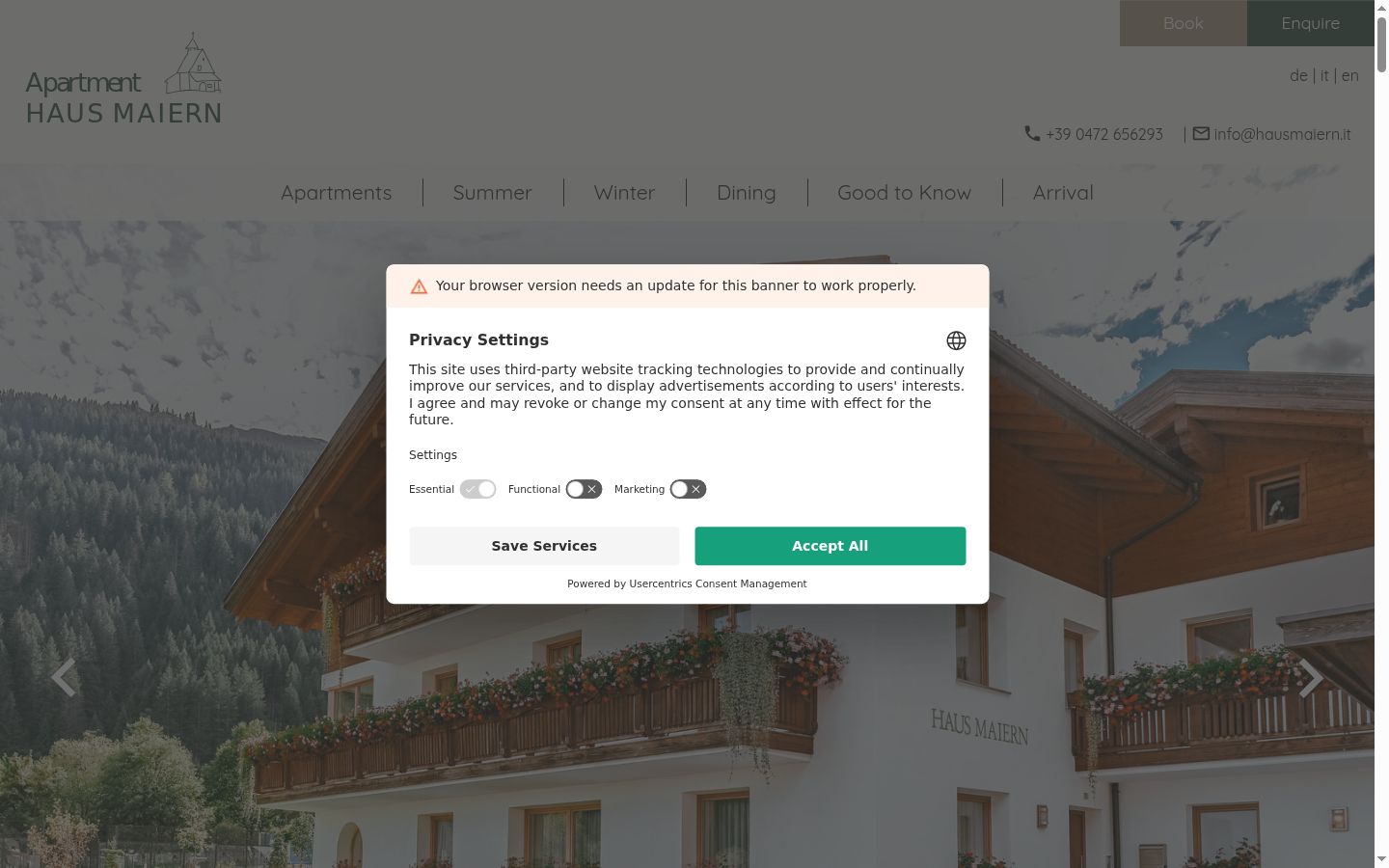 Screenshot des Einwilligungsbanners vor jeglicher Interaktion