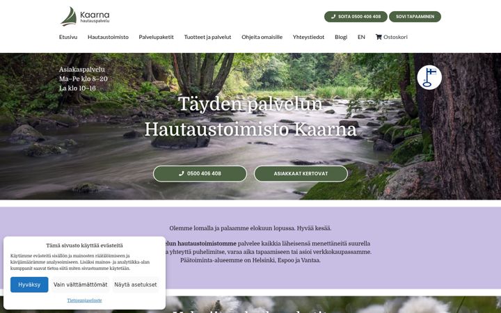 Screenshot of hautauspalvelukaarna.fi