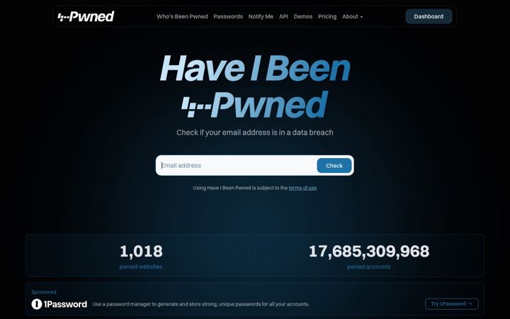 Ekrano kopija haveibeenpwned.com