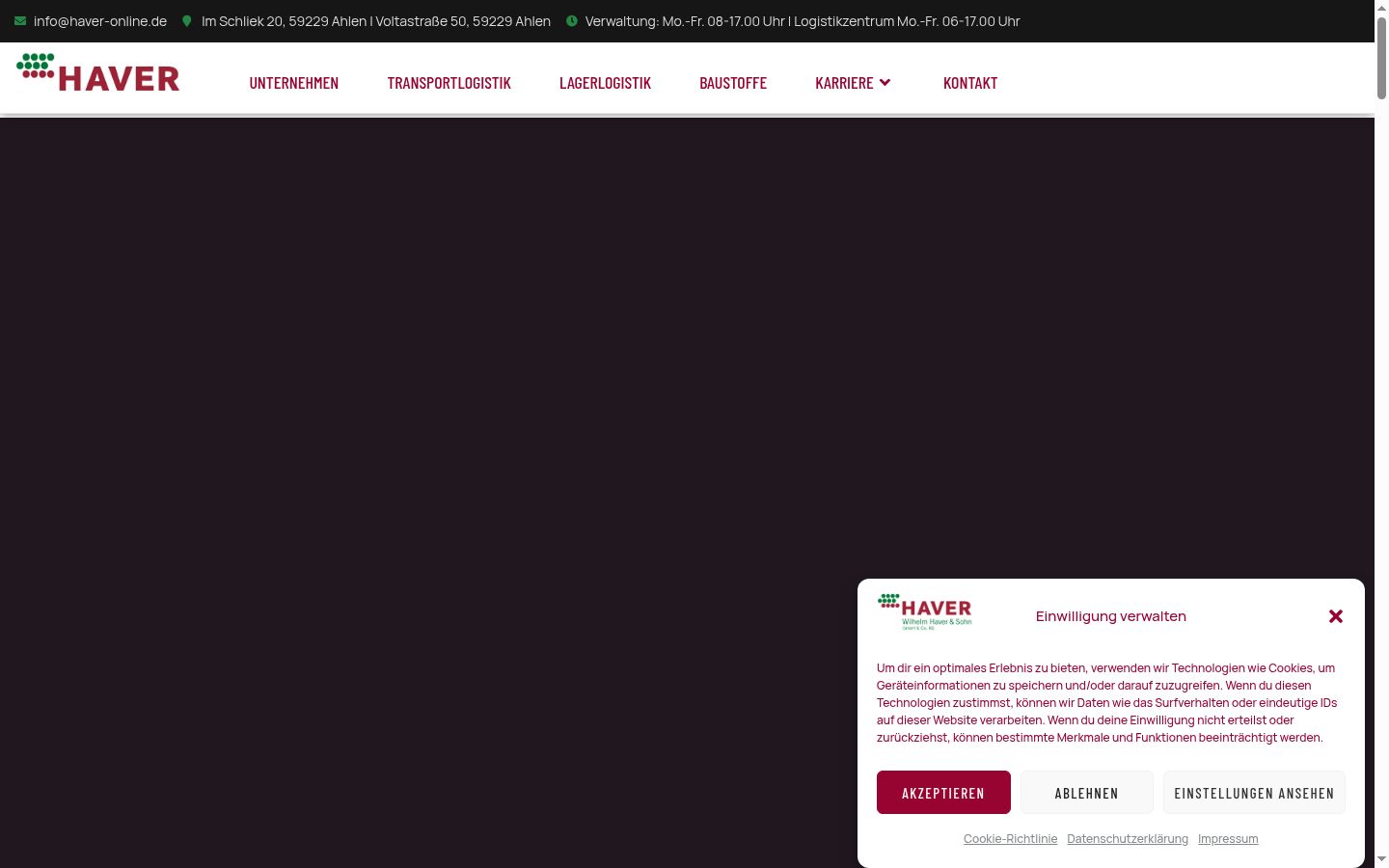 Screenshot des Einwilligungsbanners vor jeglicher Interaktion