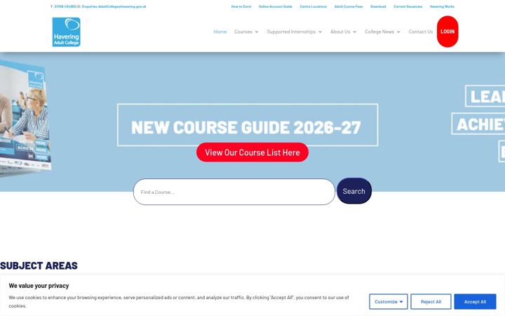 Screenshot of haveringadultcollege.co.uk